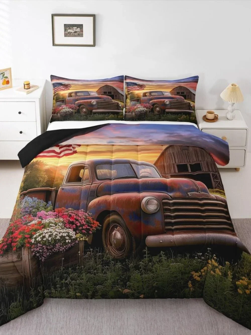 Vintage Truck Kids Comforter Queen,Village Barn Cabin Style Bedding Set for Teen